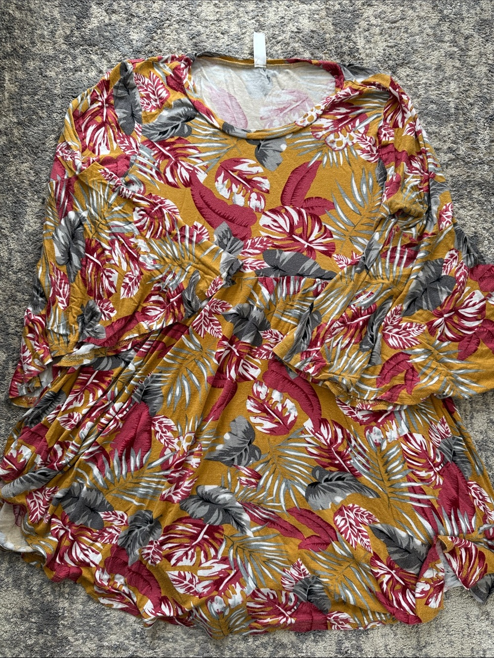 Women’s Mustard Floral Scoop Neck Tunic with Burgundy & Gray Accents